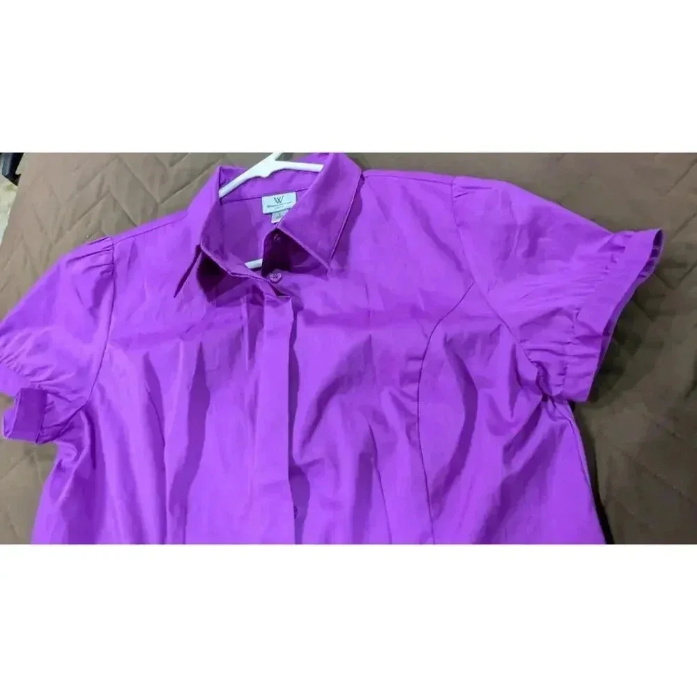 Purple short sleeve button up dress blouse, Worthington size Large - Picture 8 of 8